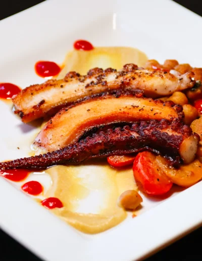 Roasted octopus served with chickpeas, cherry tomatoes, chickpea purée, and a Calabrian pepper sauce.