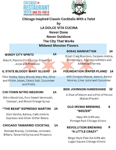 Chicago Restaurant Week special drink menu from La Dolce Vita Cucina featuring eight themed cocktails and local beers, including a Windy City Spritz, Il State Bloody Mary Slushy, and Chicago Tamarind Cocktail.